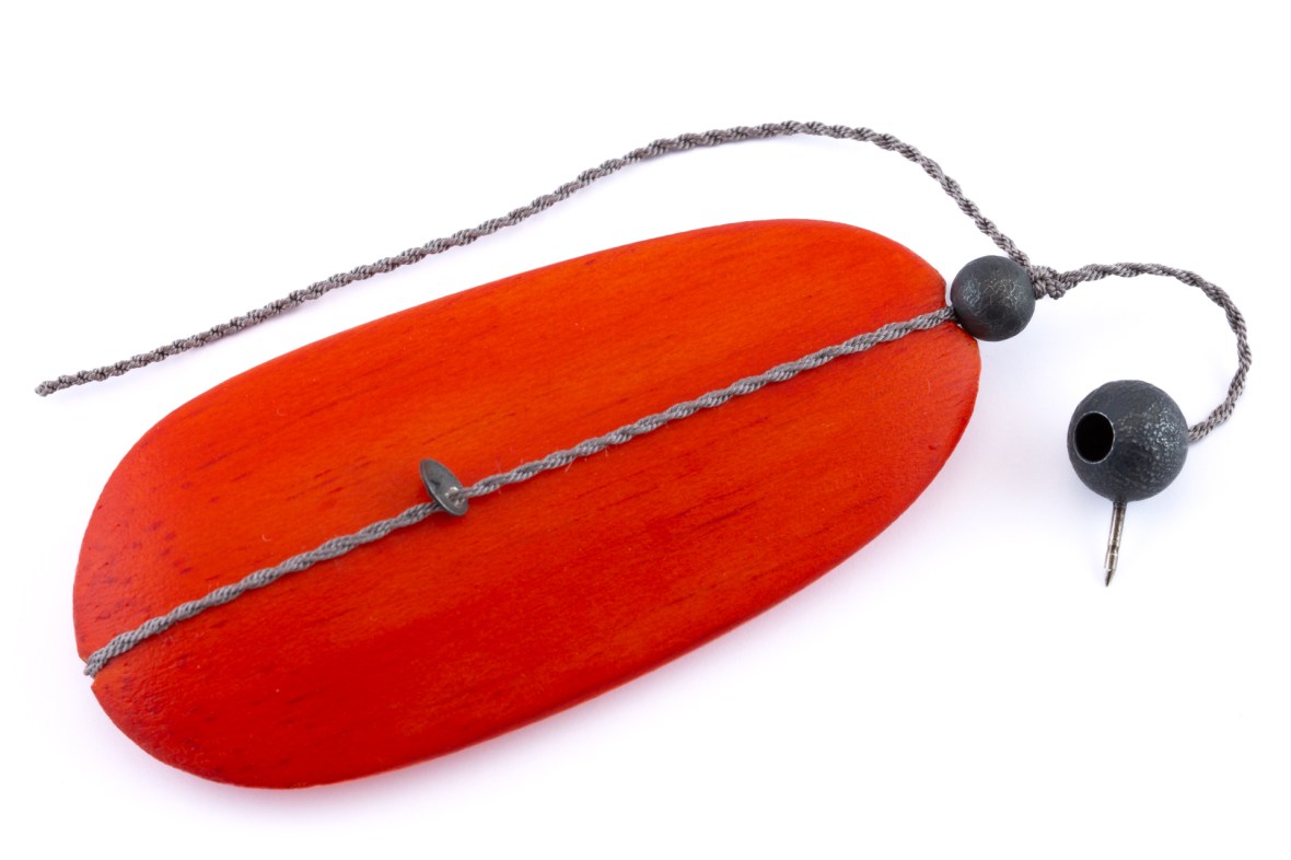 sita falkena brooch, balsa tree wood, silk, silver